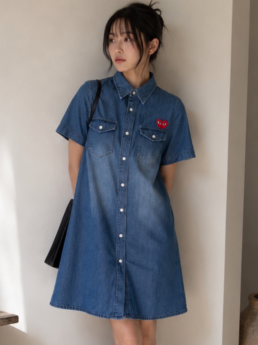 COMME des GARÇONS PLAY Denim Shirt Dress with Red Heart (Size S)